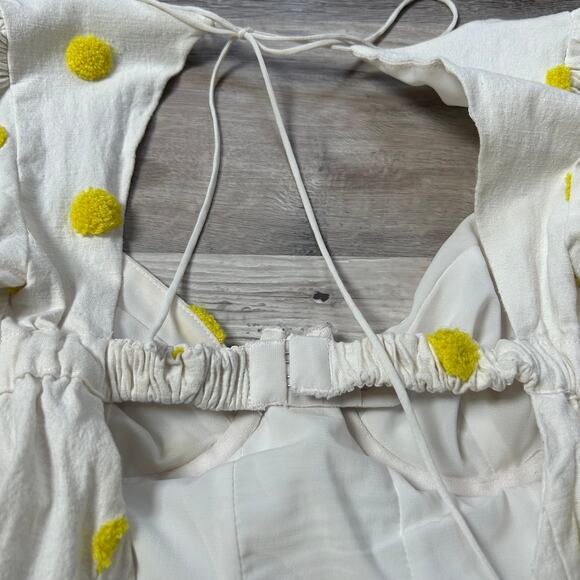 For Love & Lemons Puff Sleeve Mini Dress White Yellow Polka Dot Open Back XS - Picture 8 of 11
